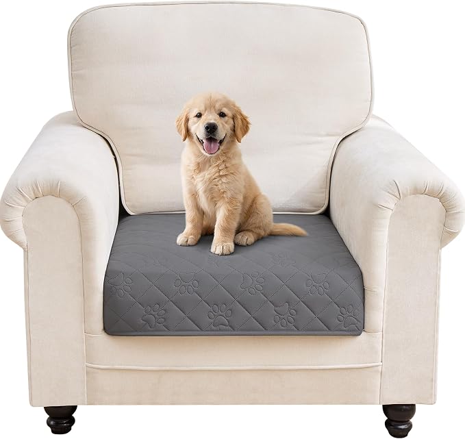 PAWFINITY Waterproof Arm Chair Covers for Dogs, Pet Blanket for Couch | Paw Print Quilted, Hair Resistant, Anti Cat Scratch, Washable Furniture Protector for Single Sofa Cushion, 30x30 Inch, Grey