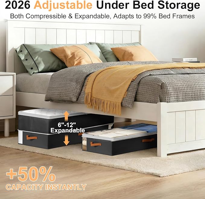 Under Bed Storage Bins - 98L Height-adjustable Under Bed Storage Containers, Compression Blanket Storage Comforter Storage Sweater Storage, Clothes Storage Bins With Clear Window, 2 Pack Black