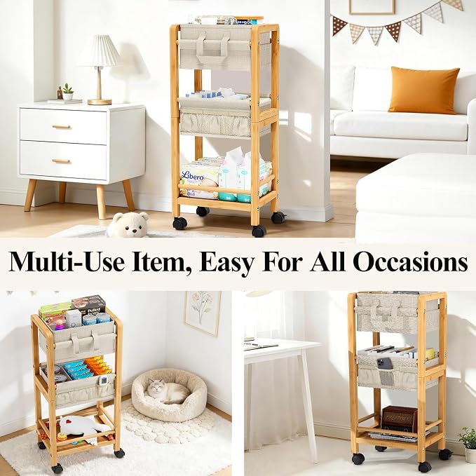 Bamboo Diaper Caddy Cart with Wheels - 3-Tier Rolling Storage，Beige | Removable bins, side pockets, sturdy handle, smooth wheels. For nursery, living room, laundry, pet. Natural bamboo, versatile