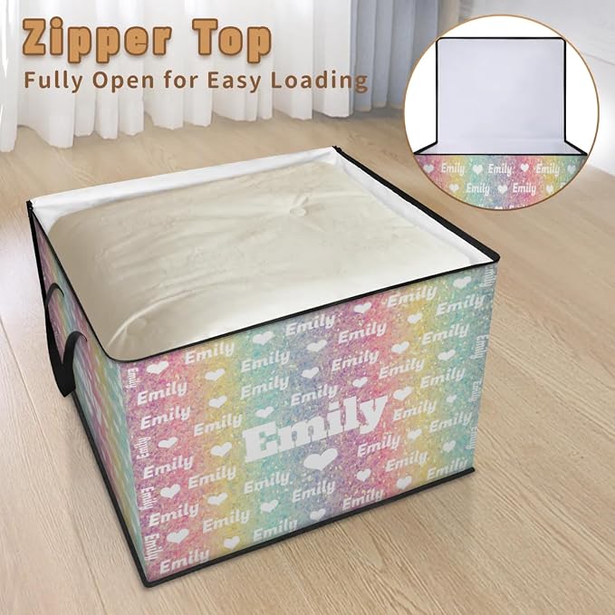 Custom Name Large Clothes Storage Organization with Lids, Bedding Clothes Towel Storage Bin Shelf Basket for Nursery, Gift Basket, Pet Basket, Light Colorful Glitters with Love Hearts