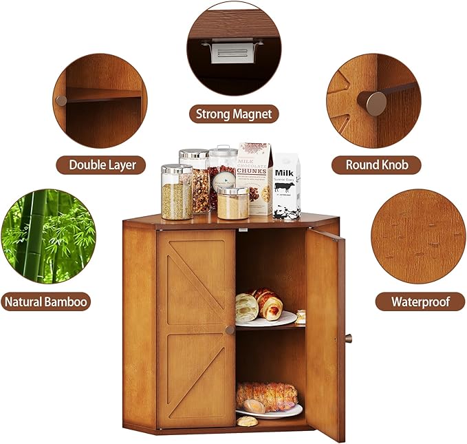 Trironsun Corner Bread Box for Kitchen Counter Double Layer Bamboo Bread Storage Container Large Capacity Bread Storage Bin Farmhouse Breadbox Organizer (Antique Brown)