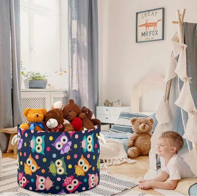 visesunny Storage Basket Colored Cartoonn Owl Dot Nursery Hamper Basket Clothes Toy Storage Organizer Bin Box Collapsible Laundry Bag for Kid Room,Playroom,Bathroom,Living Room,Dorm,Office