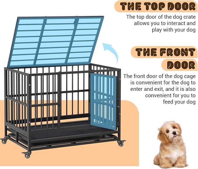 GarveeLife 38inch Heavy Duty Dog Crate, Foldable Indoor Dog Cage with Double Door, 360° Lockable Wheels and Removable Tray, Easy to Clean and Assembly，for Small Medium Dogs