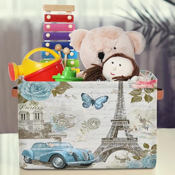 AUUXVA Storage Basket Vintage Paris Eiffel Tower Rose Flower Old Car Storage Cube Box Durable Canvas Collapsible Toy Basket Organizer Bin with Handles for Shelf Closet Bedroom Home Office