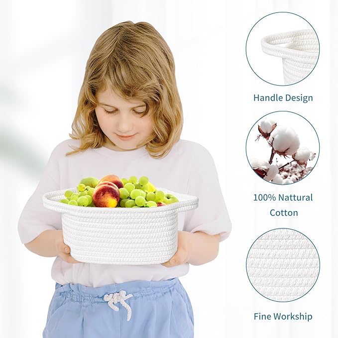 ABenkle Small Storage Basket, Mini Basket, Cute Tiny Cotton Rope Woven Basket, Shelf Basket, Boho Decorative Toy Storage Bin Gift Baskets, White
