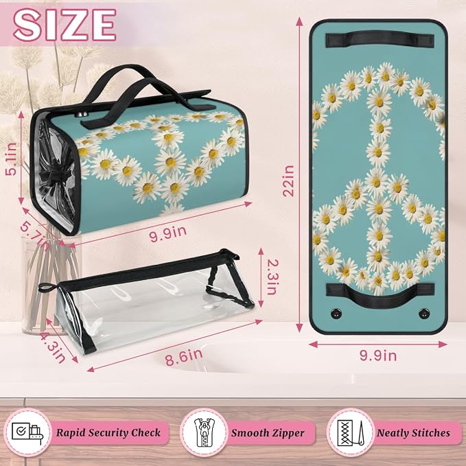 Floral Peace Sign Makeup Bag for Women Hanging Roll-Up Travel Organizer Toiletry Kit with 4 Removable Compartments, Daisy