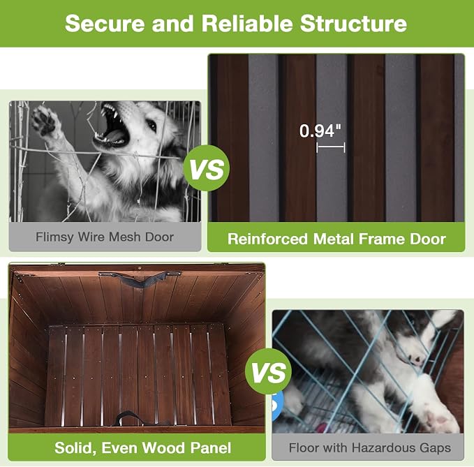 GUTINNEEN Dog Crate Furniture with Bowl for Travel Foldable Dog Crate with Chew-Proof Design Pull-Out Tray Carrying Puppy Cage (Brown)
