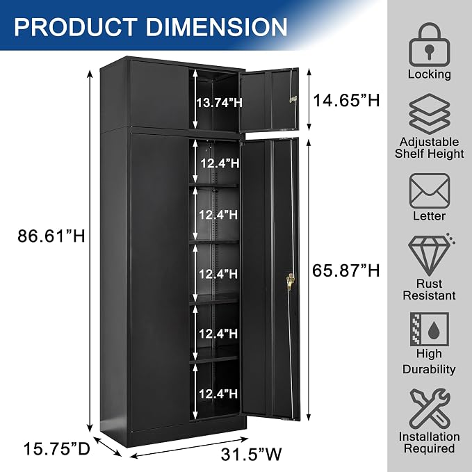 CJF Metal Storage Cabinet, 87 inch Tall Large Locking Cabinet with Top Cabinet, Garage Storage Cabinet with 4 Adjustable Shelves for Home Office, Garage and Utility Room-Black