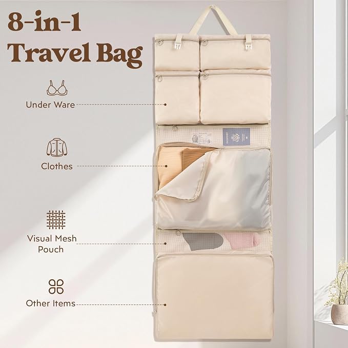 8-in-1 Packing Cubes for Travel, Suitcase Organzier Bags with Handle for Luggage, Road Trip Travel Accessories with 8 Pockets, Space Saving Luggage Bags, Beige