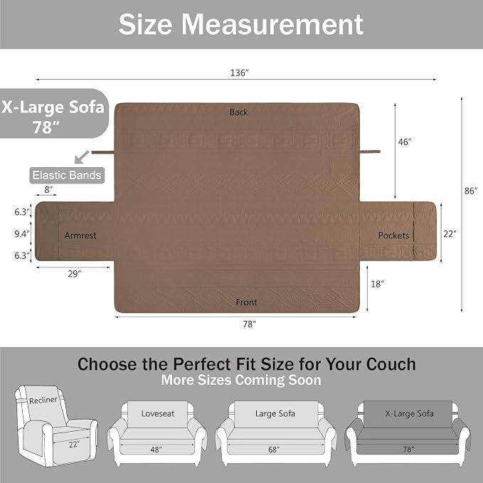 Soft Quilted Couch Cover with Pockets for Extra-Large Sofa, Anti-Slip Sofa Covers Washable for 3 Cushion Pet Friendly, Boho Oversized Sofa Cover Water-Repellent (X-Large Sofa 78", Raw Umber)