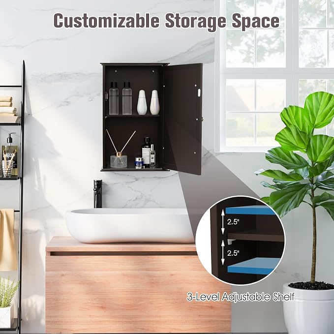 LOKO Bathroom Medicine Cabinet, Wall Mounted Storage Cabinet (Brown) | Single Mirrored Door | Adjustable Shelf | For Bathroom, Living Room, Entryway | 13.5 x 6 x 21 inches