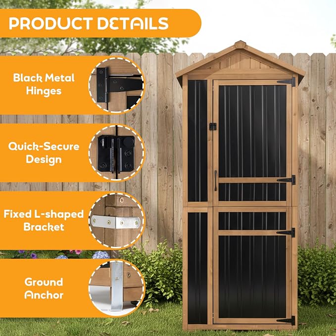 Outdoor Storage Cabinet, Extra-Tall Shed with Removable Shelf for Long Tool | Wood & Metal, Waterproof Asphalt Roof, Removable Shelf, Magnetic Lockable Doors, for Patio, Backyard, Garage, Garden