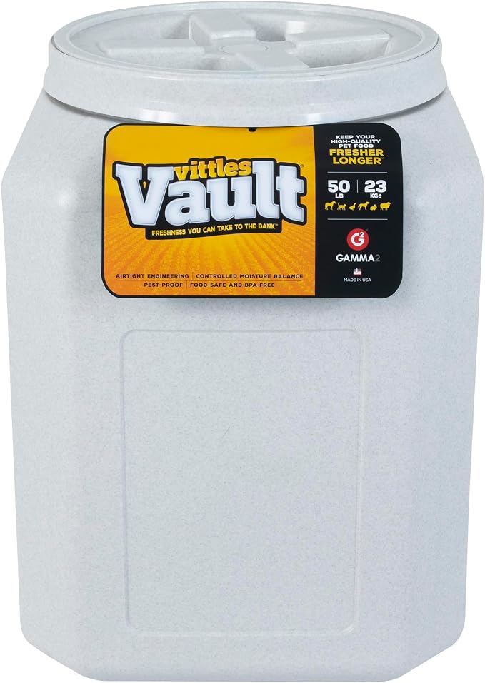 Vittles Vault Airtight Pet Food Storage Container + Scoop, Fits Up to 50lbs | Stores Dog Kibbles, Bird Seed, Oatmeal, Rice, Flour and Cereal in BPA Free Plastic, Sealed Airtight, Made in USA, with Scoop