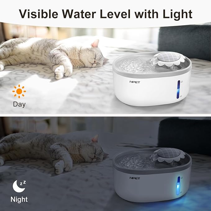 NPET Cat Water Fountain with Visible Water Level Window, White Grey 2L/67oz Automatic Pet Water Fountain with Quiet Pump, Dog Water Dispenser for Drinking (Inductor Model)