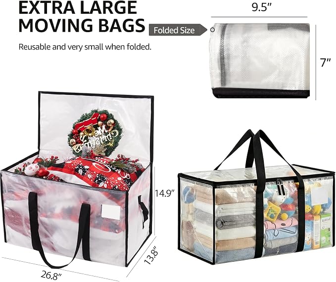 Moving Bags Heavy Duty Extra Large, Alternative for Moving Boxes & Moving Supplies,Clear Storage Bins with Lids, Plastic Packing Tote, Storage Bags for Clothes with Handles & Zippers(Clear, 6 Pack)