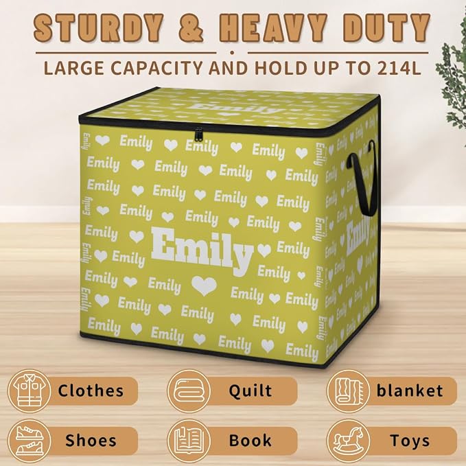 Personalized Name Foldable Storage Basket Cubes with Lid, Laundry Hamper Dirty Clothes Pet Toys Storage Bin with Handles for Shelf Home Closet Kitchen, Lime Yellow Background with Love Hearts