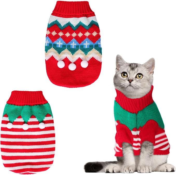 2 Pcs Puppy Christmas Sweaters Winter Pet Knitwear Xmas Dogs Outfits Christmas Elf Costume Warm Clothes for Cat Kittys Puppies