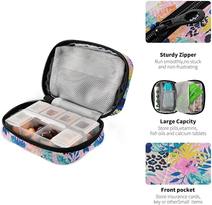Pill Organizer Leopard Spots Palm Leaves Pill Box 7 Day Pill Case Bag Travel Pill Organizer Bag with Zipper Portable Weekly Case Compact Size for Vitamin Supplement Holder