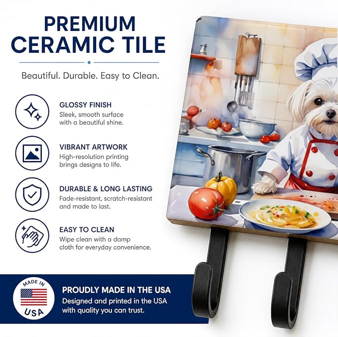Caroline's Treasures Maltese The Chef Leash or Key Holder Wall Hooks, Key Hooks Holder, Coat Rack Wall Mount, Coat Hooks, Hooks for Hanging Keys, Towels, Aprons, Leashes | Maltese The Chef artwork on ceramic tile with three steel hooks for keys, leashe...