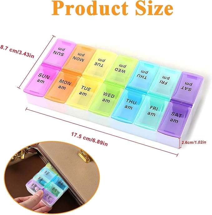 Travel Daily Large Pill Organizer, Weekly Portable Pill Dispenser | Daily Pill Case Box Holder, Elder Medication Planner for Vitamin, Medicine, Fish Oil, Supplements, 14 Compartment, Colorful