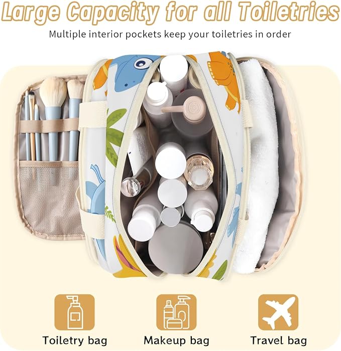 Cute Dinosaur Theme Travel Toiletry Bag with Handle | Wet & Dry Separation, Full-Size Bottle Friendly, Leak-Proof, Waterproof, Easy to Clean, for Travel, Gym, Home