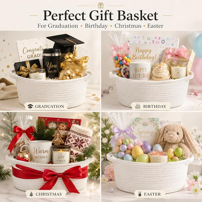 ABenkle Small Basket with Handles, Boho Decorative Rope Woven Dog Cat Toy Storage Bin Shelf Storage Organizer, Easter Christmas Gift Basket, 12"x8"x5", 2 Pack