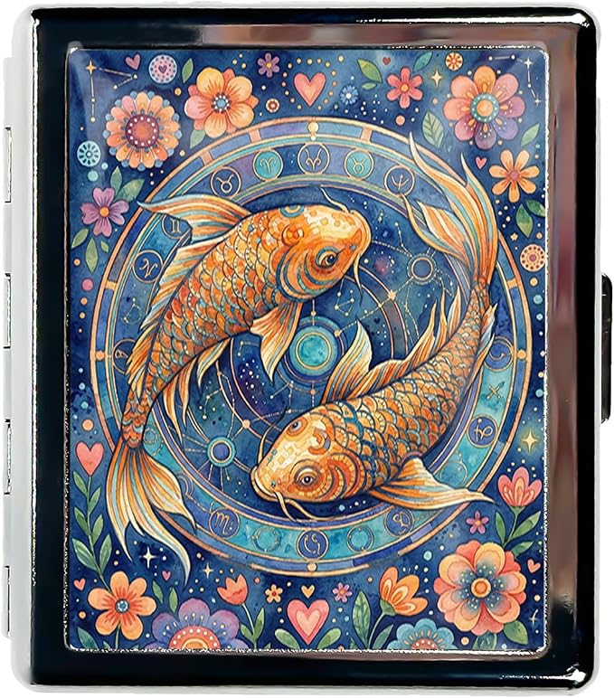 Weekly Pill Organizer, Metal Pill Box with 8 Compartments, Small Travel Pill Case for Purse Pocket, Medicine Vitamin Supplement Organizer (Zodiac Koi)