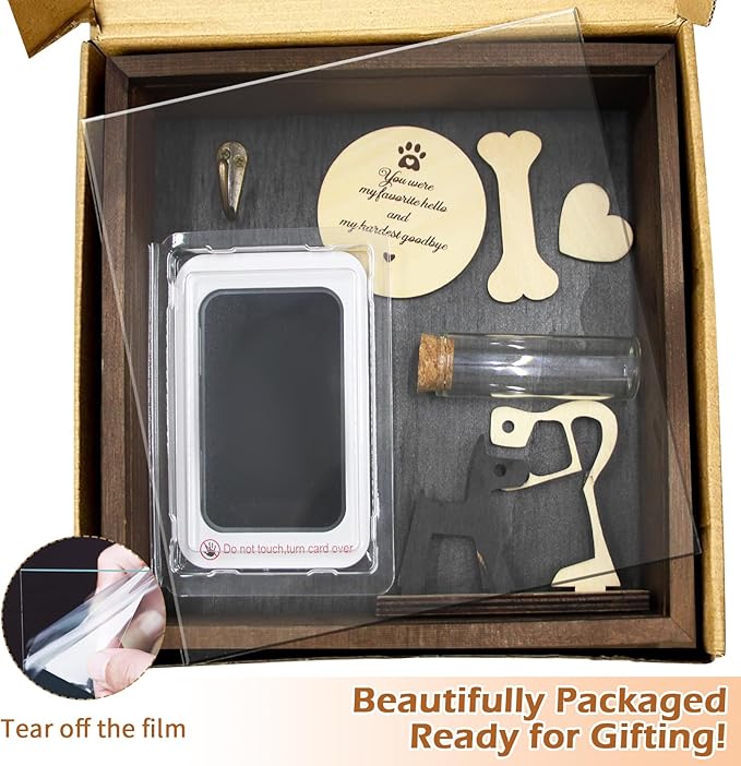 8.6'' Pet Shadow Box Memorial Gift with 1.8in Depth, Rustic Collar Holder Picture Frame Paw Print Kit Dog Cat Wooden Sculpture Pet Ashes Fur Jar Rainbow Sympathy Gift Tabletop Wall Hanging