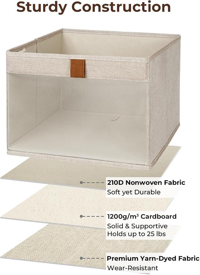 StorageWorks Fabric Storage Bins, Storage Basket, Brown and Beige, 3-Pack | See-Through Mesh Front, Soft Leather Handles, Flip to Show/Hide, Collapsible, Holds Clothes, Towels, Blankets, Toys