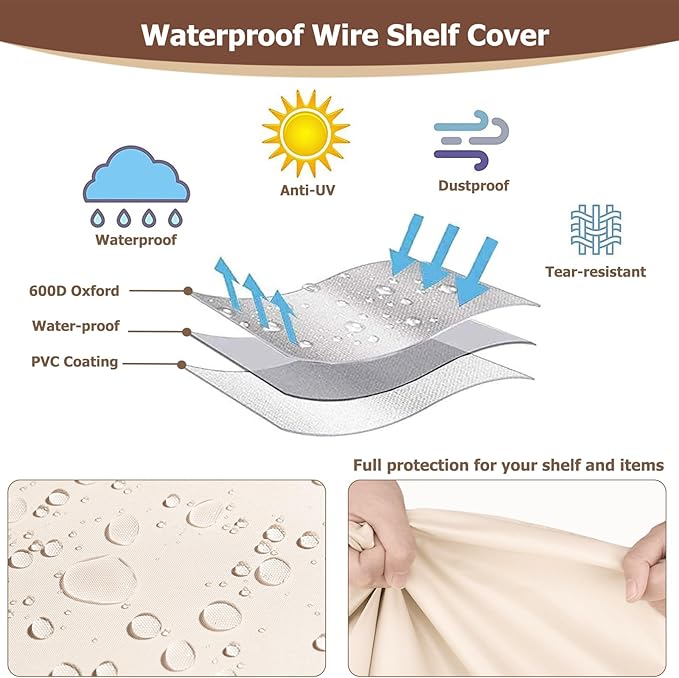 Rileytee Wire Shelf Cover,Heavy Duty 600D Dustproof Waterproof Shelf Covers for Wire Shelving,Outdoor Storage Rack Cover for Rack with Zipper,36" W x 16" D x 72" H,(Beige & Brown)