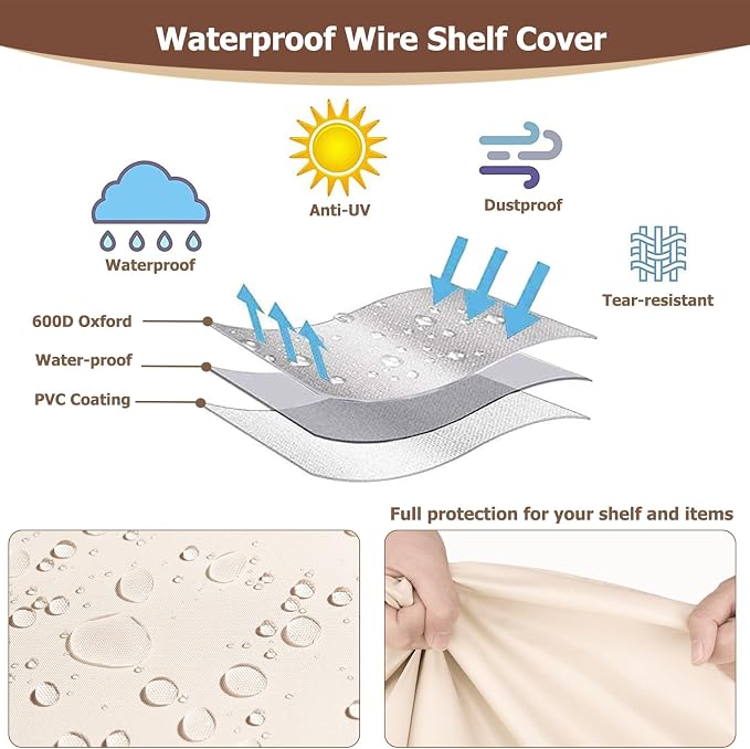 Rileytee Wire Shelf Cover,Heavy Duty 600D Dustproof Waterproof Shelf Covers for Wire Shelving,Outdoor Storage Rack Cover for Rack with Zipper,48"W x 18"D x 82"H,(Beige & Brown)