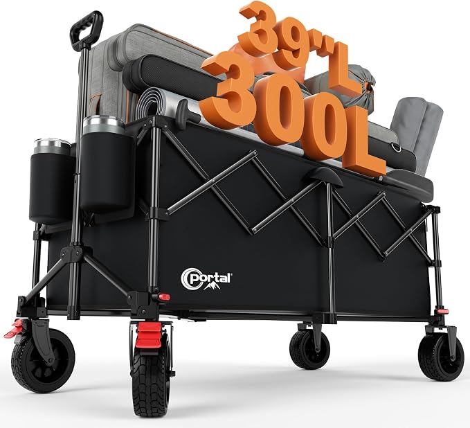 Portal Ultra Compact Folding Wagon Cart with Brakes, 300L Large Cart | Portable Outdoor Design; Durable Construction; Easy Setup & Storage; Color: Black