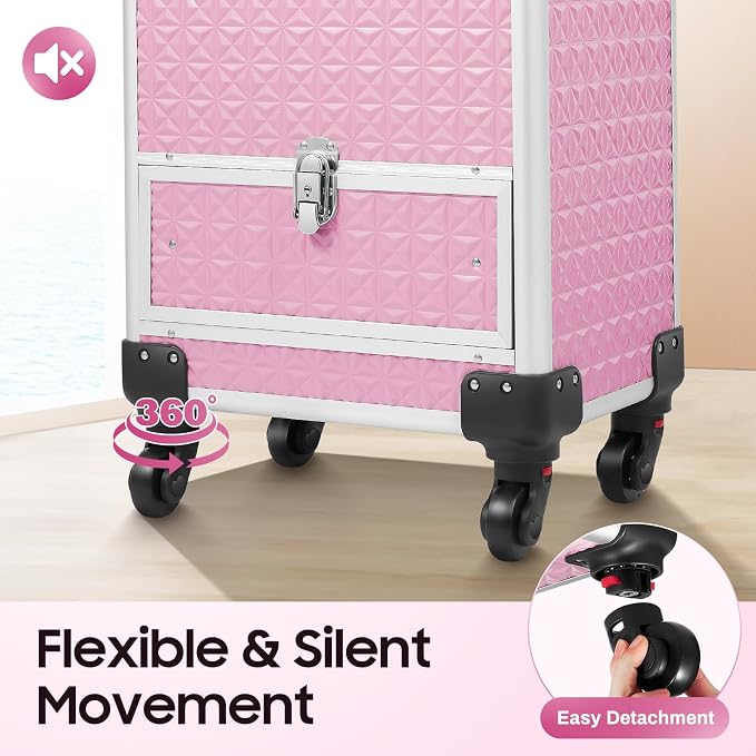 Portable Makeup Organizer Suitcase,Large Cosmetic Trolley (Pink,en_US,Pink) | Rolling Makeup Train Case,Professional Cosmetic Trolley,Cosmetic Storage Box,Travel Beauty Luggage Trolley Lockable