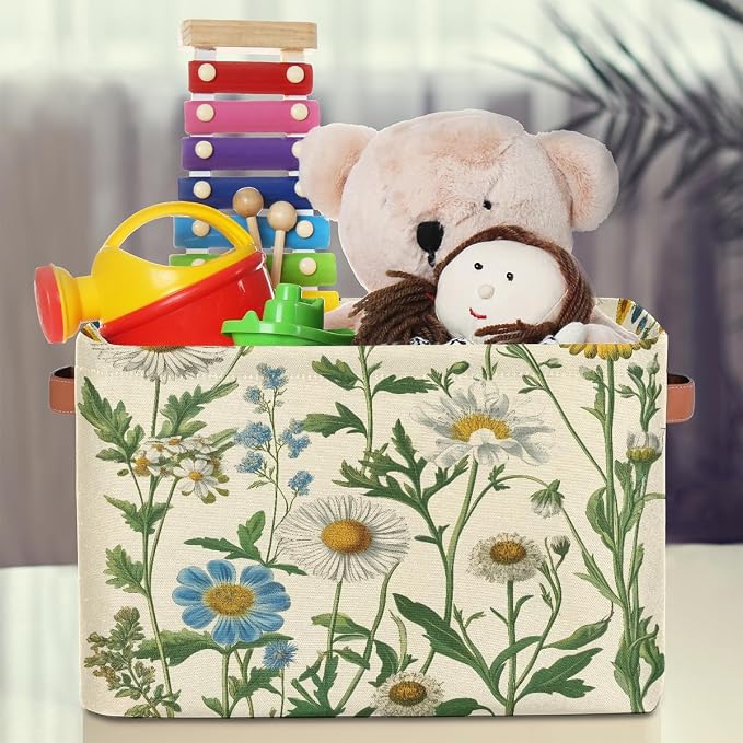 Fabric Storage Basket with Handles, Vintage Daisy Storage Cube Box Collapsible Toy Basket Organizer Bin for Shelf Closet Bedroom Home Office