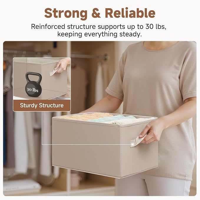 StorageWorks Closet Storage Bins, Light Brown, Large, 3-Pack | Closet Organizer Storage Baskets, Fabric Storage Bins for Shelves, Closet Organization, Organizer Bins