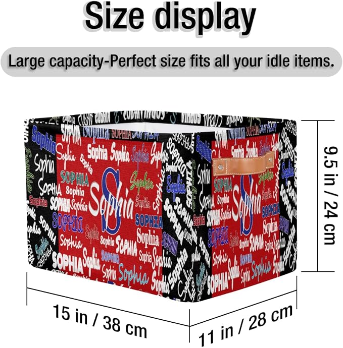 Personalized Name Storage Basket Handles, Canvas Storage Bins Toys Clothes Organizer for Bedroom, Kitchen, Bathroom, Nursery, Shelves, Closets, Black with Red Color