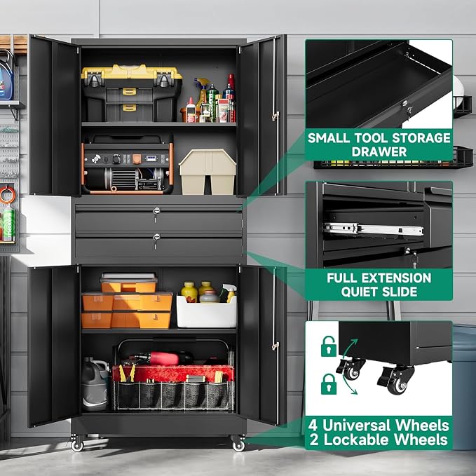 Metal Garage Storage Cabinet with Wheels,Rolling Tool Cabinet with 4 Door Lock-Adjustable Shelves and 2 Drawer for Garage Home Office Utility Room (Black with Wheels)