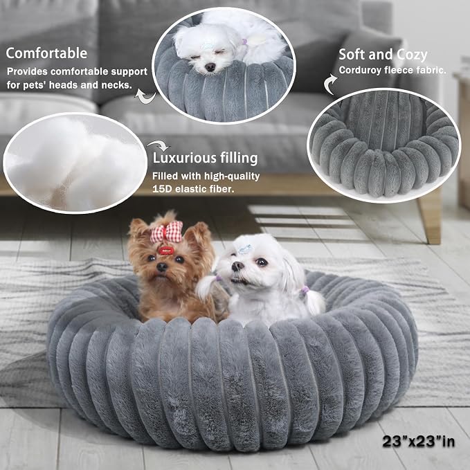 Dog Beds Small Sized Dog Washable Calming Anti-Anxiety Donut Puppy Bed for Small Dogs and Cats,Cozy Soft Anti-Slip Round Large Cat Bed 23 Inch Fits up to 20 lbs Pets,Warm Grey