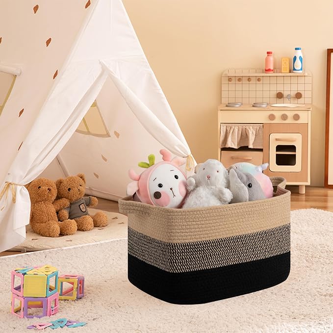OIAHOMY Woven Storage Basket, Cotton Rope Baskets for Toys,Towel, Clothes, Used to Bathroom,Living Room,Nursery,Bedroom, 16"x12"x10"- Pack of 3, Black & Brown