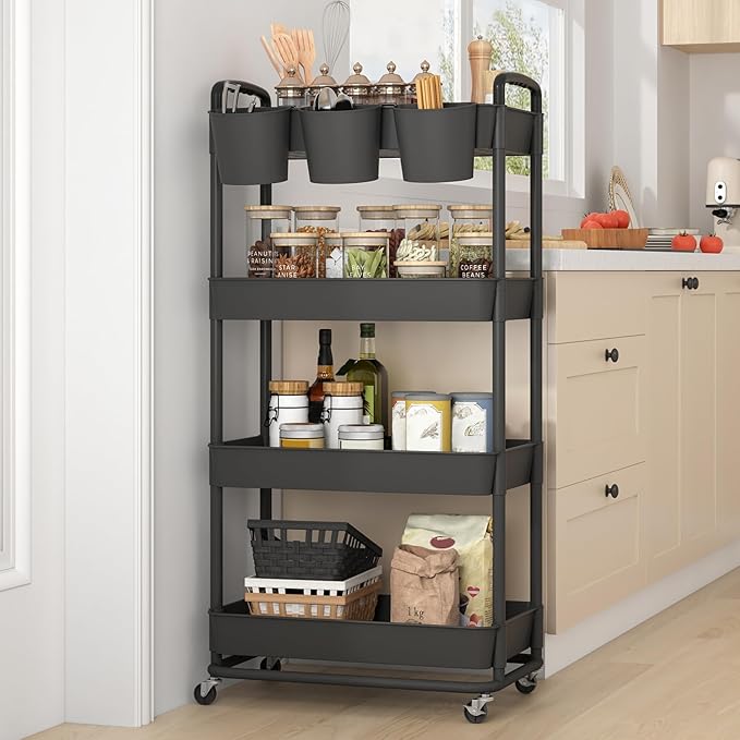 4-Tier Plastic Rolling Storage Cart Utility Cart with Extra Hanging Cups Handles Lockable Wheels for Living Room Bathroom Kitchen Office Black | Utility Cart with Extra Hanging Cups Arc-Shaped Handles Lockable Wheels for Living Room Bathroom Kitchen Of...