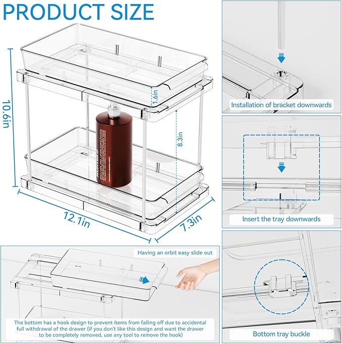 2 Pack 2 Tier Pull Out Drawers for Medicine Cabinet Organizer,Bathroom Under Cabinet Storage,12.1″ Deep Pantry and Medicine Shelf Organizer for Toiletry Product,Vitamin Bottle and Supplement