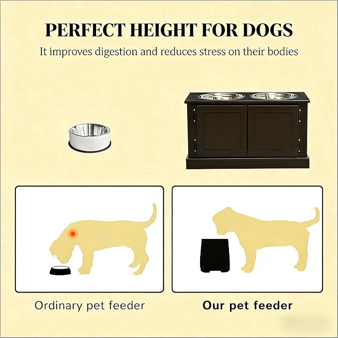 Dog Feeding Station with Storage, 2 Stainless Steel Bowls, Coffee, Elevated Dog Bowl Holder, Dog Feeder Stand, Wooden Dog Food Organizer for Indoor, Dog Food Storage Cabinet