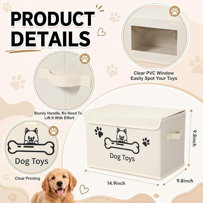 Novabright Dog Toy Basket with Lid Foldable Dog Toy Storage Bin with Clear Window Large Pet Storage Box with Handles for Pet Essentials Organization, 14.9 x 9.8 x 9.8 Inch(Beige)
