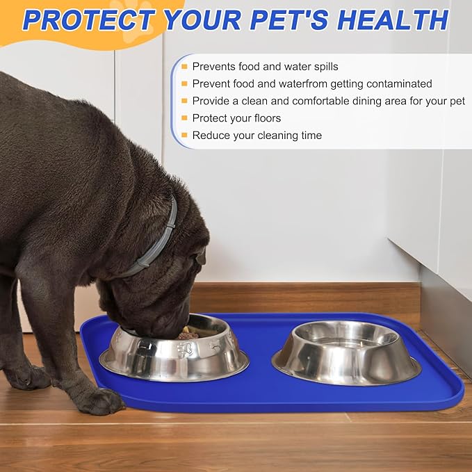 SMILOOL Silicone Pet Feeding Mat with Raised Edge for Food and Water, Dog Bowl Mats, Cat Bowls Placemat with High Lip for Floor Waterproof, Rubber Tray for Cats and Dogs 24 x 16 x0.8 Navy Blue
