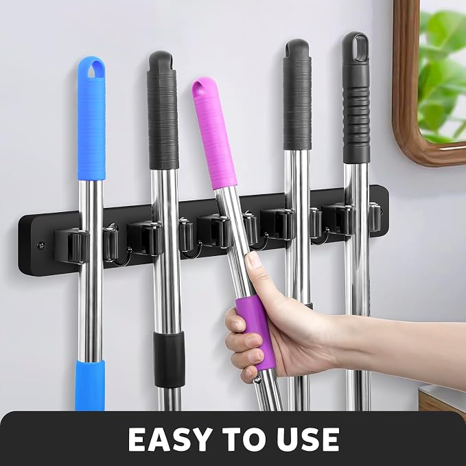 IMILLET Broom Holder Wall Mount, Rustic Broom Hanger for Laundry Room | Wood Broom and Mop Organization and Storage, Mop Holder for Home Decor, Garden, Garage, Closet, 5 Racks and 4 Hooks, Black