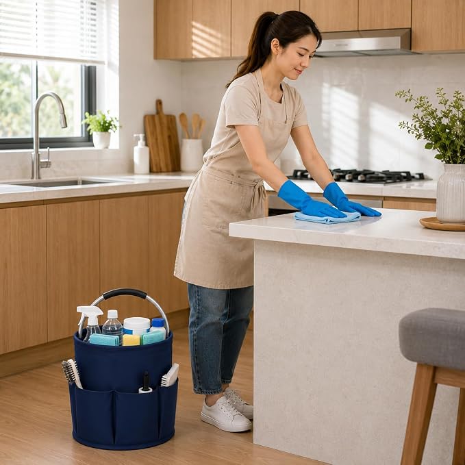 Cleaning Caddy with Handle, 17L Foldable Storage Basket, Heavy Duty 600D Oxford Cloth Organizer, Portable Supply Bag, Multi-Purpose Supplies Caddy for Home, Bathroom, Kitchen, Garden - Dark Blue