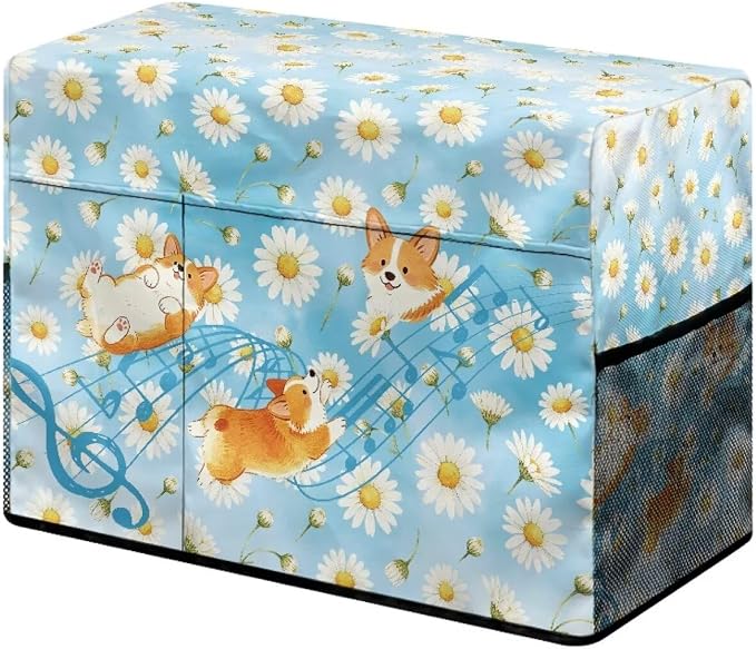 Sewing Machine Cover with Storage Pockets,Corgi Daisy Music Print | Dust & Pet Hair Protection,Fits Standard Singer, Brother and Janome Machines, Protecting & Decorating Your Sewing Space