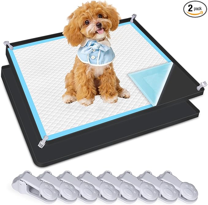 Dog Pee Pad Holder, 2 Pack Dog Potty Tray Silicone Puppy Pad Holder Tray Fits for 24" x 24" Training Pads, Puppy Potty Tray With 8 Clamps No Spill Raised Lip High Edge for Floor Protection (Black)