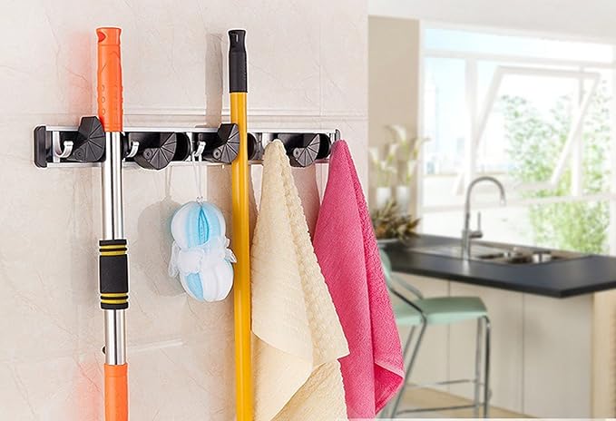 HUJI Wall Mount Broom Clamp Holder 4 Positions Grip Organizer & 5 Hooks Rack Home Kitchen Garage Mop tools Storage Organization System (1, 4 Position Grip Clamp Holder)