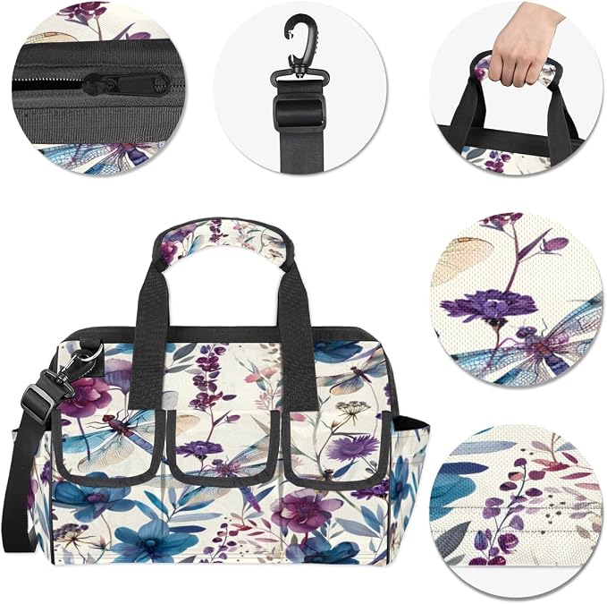 Dragonflies Flower Heavy Duty Tool Bag 14.8 Inch Dragonfly Floral Portable Soft Tool Box Organizer Storage with Adjustable Shoulder Strap